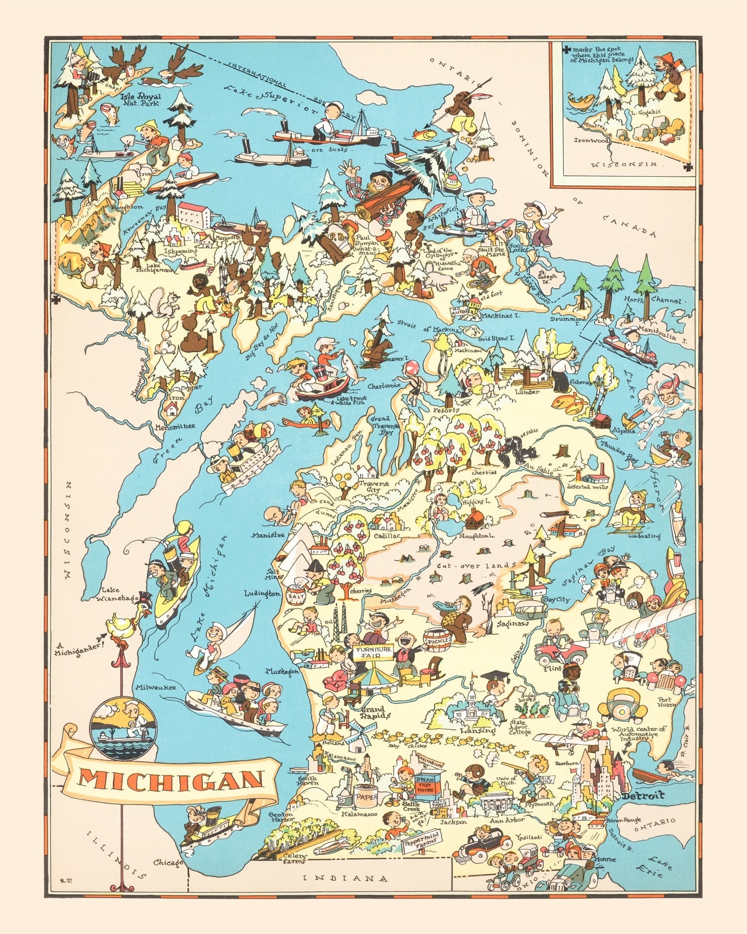 Vintage Map of Michigan 1935