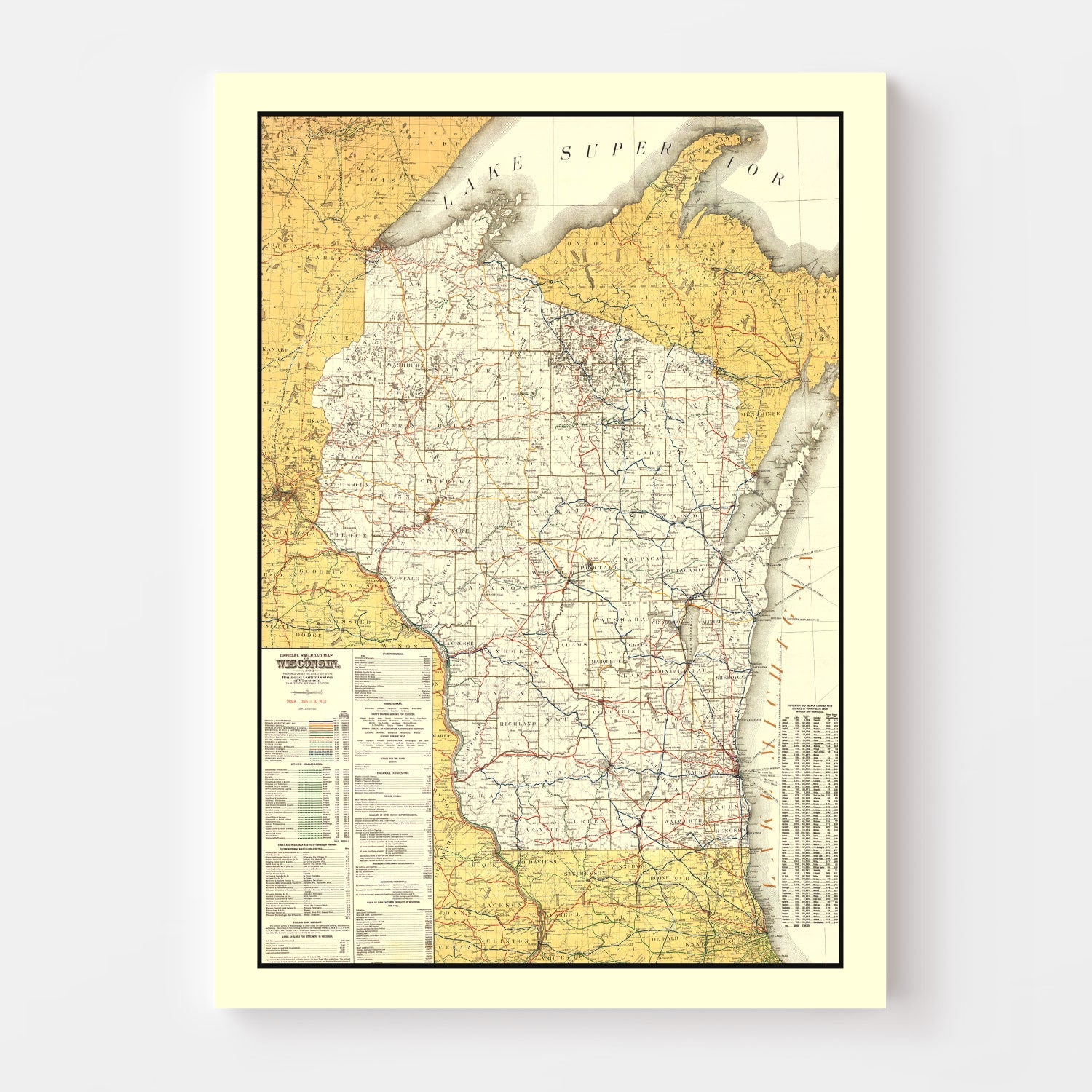Vintage Railroad Map of Wisconsin 1908