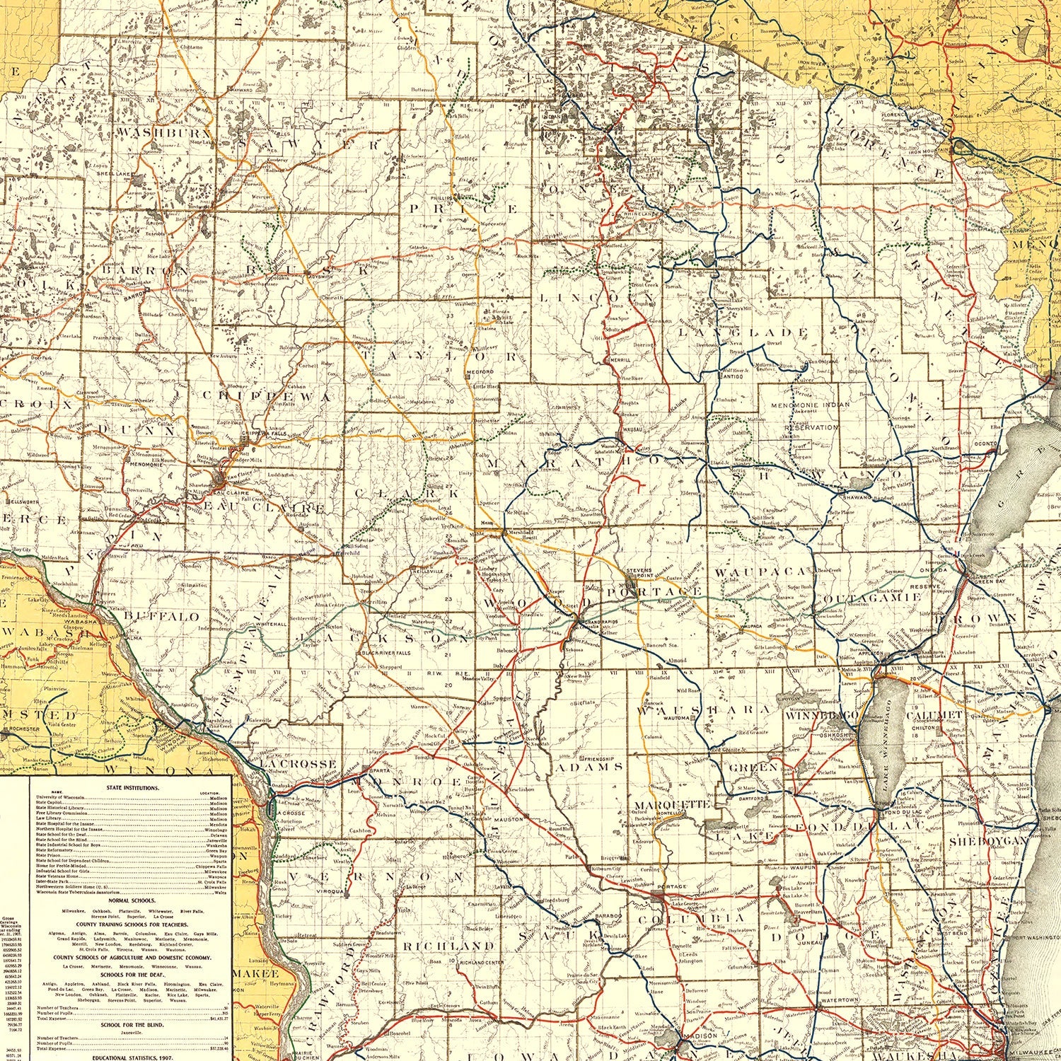 Vintage Railroad Map of Wisconsin 1908