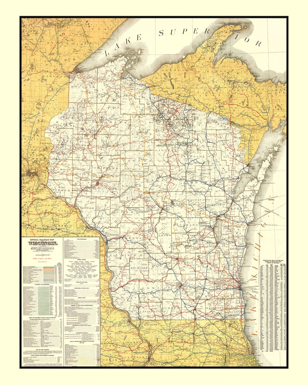 Vintage Railroad Map of Wisconsin 1908