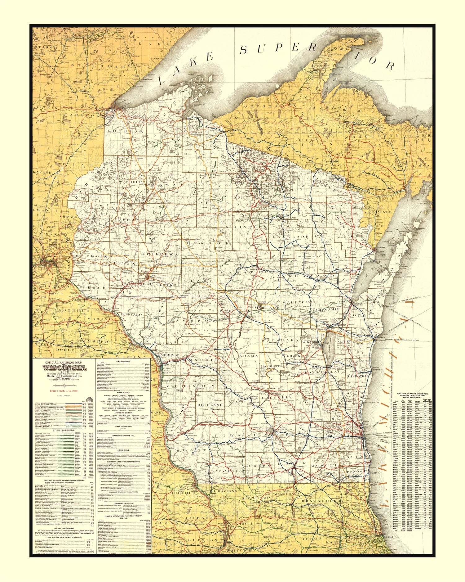 Vintage Railroad Map of Wisconsin 1908