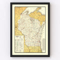 Vintage Railroad Map of Wisconsin 1908