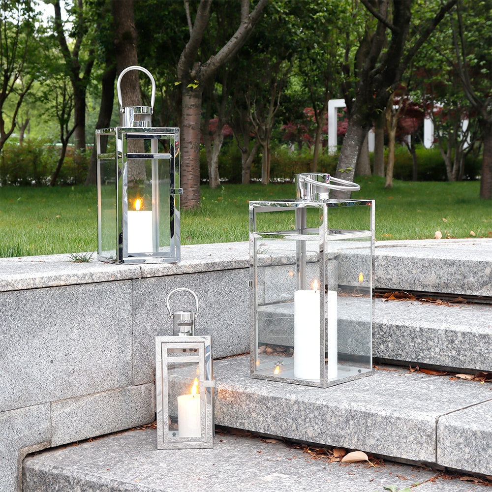 19''&15''&12'' H Stainless Steel Metal Candle Lantern  Candle Holder with Clear Glass Panels(Set of 3)