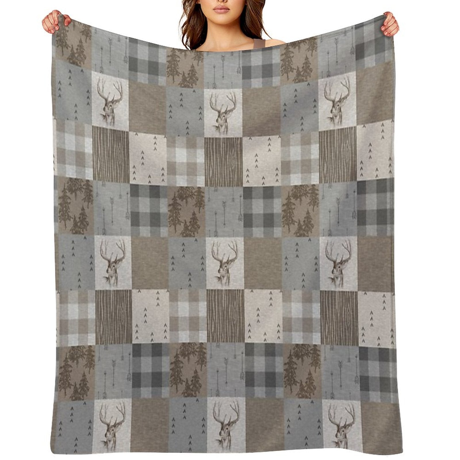 Deer Patchwork - Rustic Neutrals Throw Blanket