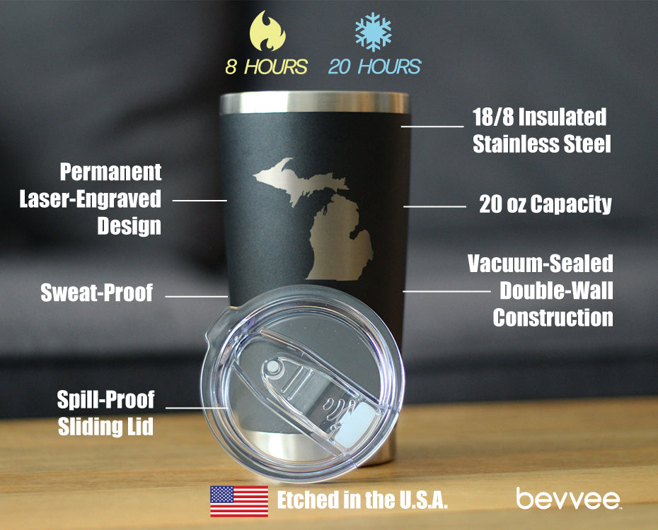 Michigan State Outline - Insulated Coffee Tumbler Cup with Sliding Lid - Stainless Steel Travel Mug - Michigan Gifts and Decor for Women and Men