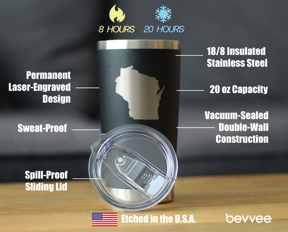 Wisconsin State Outline - Insulated Coffee Tumbler Cup with Sliding Lid - Stainless Steel Travel Mug - Wisconsin Gifts for Women and Men