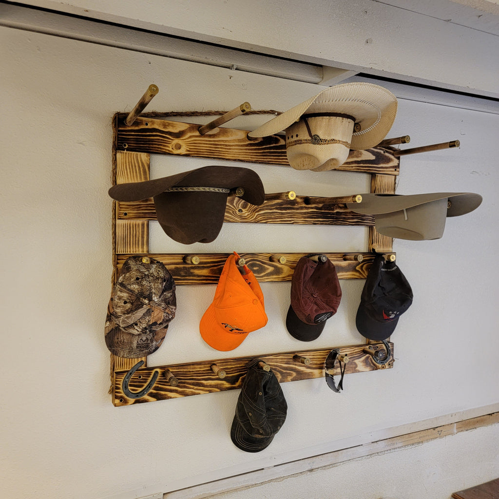 6 Cowboy Hat Rack | Cowboy Hat Holder |  with 13 Gimmee Cap pegs | Rustic Western Hat Display | Handcrafted Wooden Organizer | Space-Saving Home Decor | Made in USA