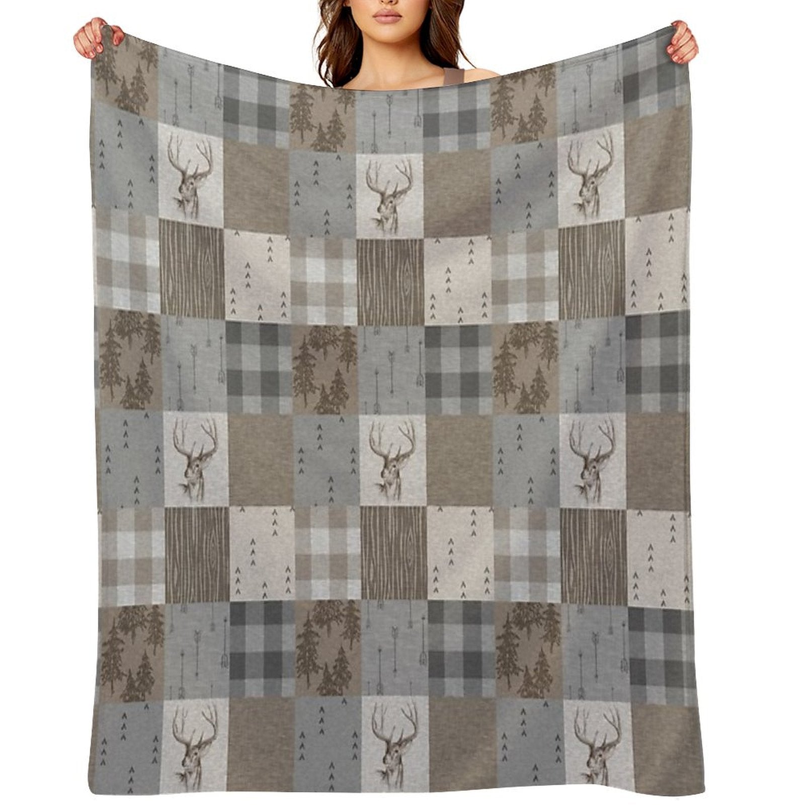 Deer Patchwork - Rustic Neutrals Throw Blanket
