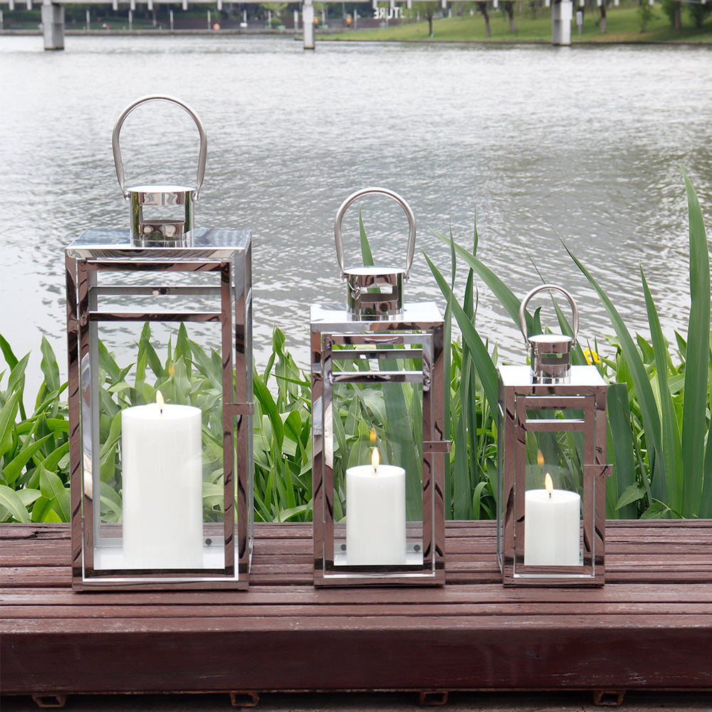 19''&15''&12'' H Stainless Steel Metal Candle Lantern  Candle Holder with Clear Glass Panels(Set of 3)