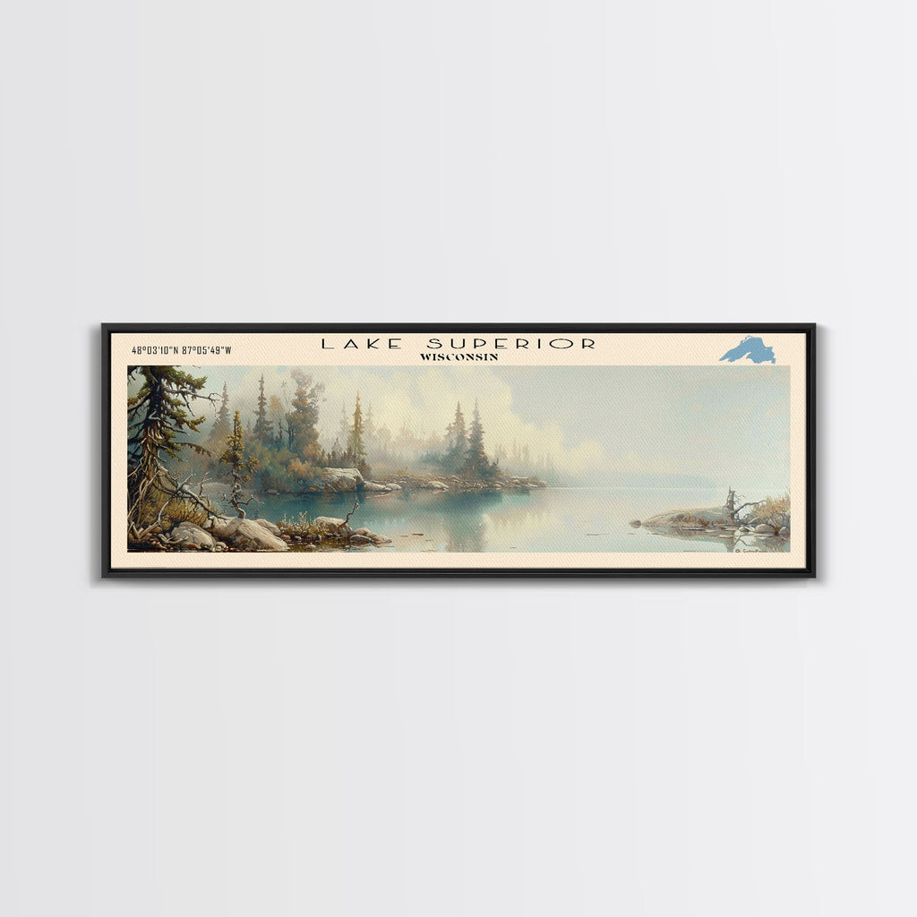 Lake Superior Framed Canvas Print, Lake House Decor, Panoramic Wall Art, Travel Poster, Beautiful Landscape Painting, Modern Art