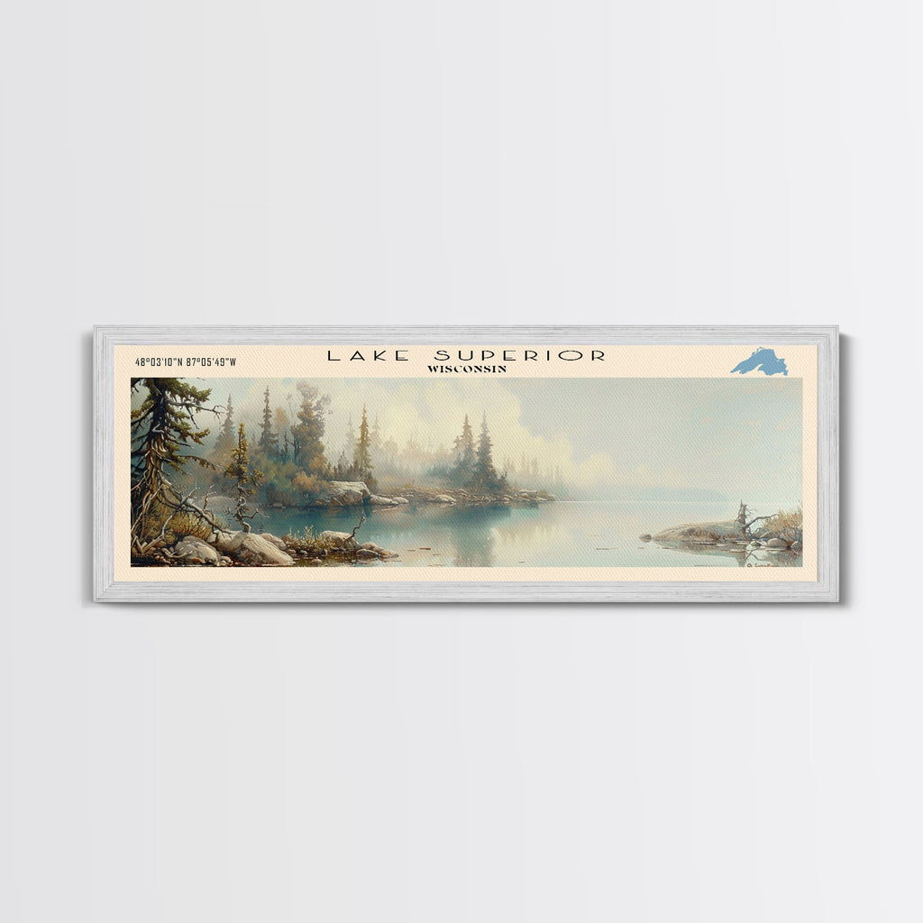 Lake Superior Framed Canvas Print, Lake House Decor, Panoramic Wall Art, Travel Poster, Beautiful Landscape Painting, Modern Art