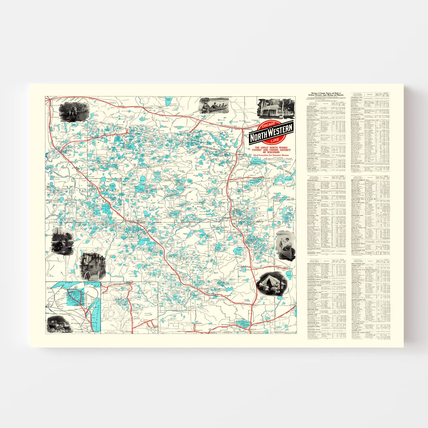 Vintage Map of Wisconsin North Woods Lakes, 1922