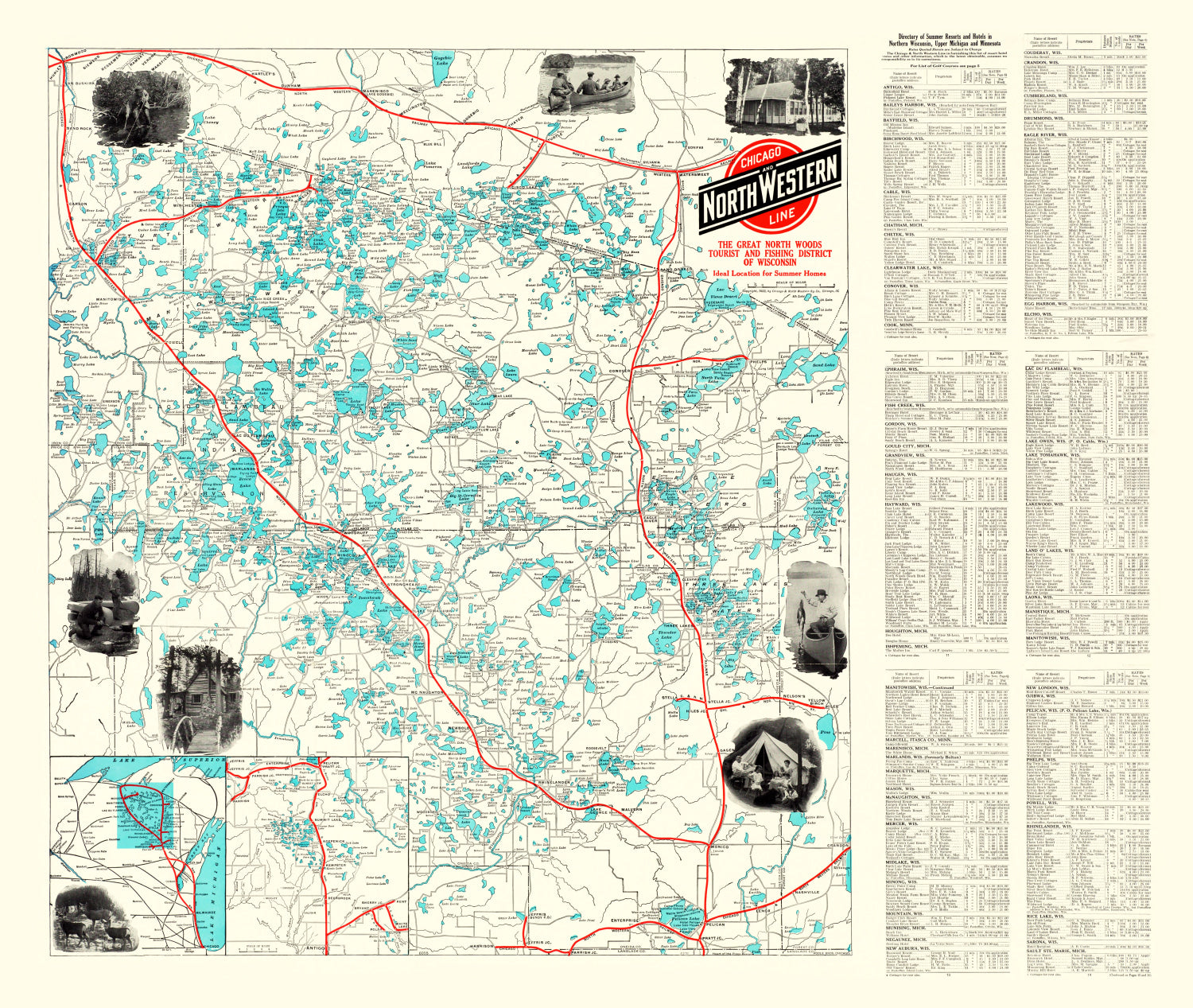 Vintage Map of Wisconsin North Woods Lakes, 1922