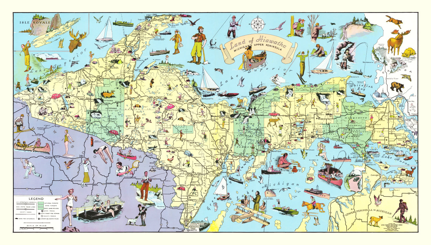 Vintage Map of Upper Peninsula of Michigan, 1935