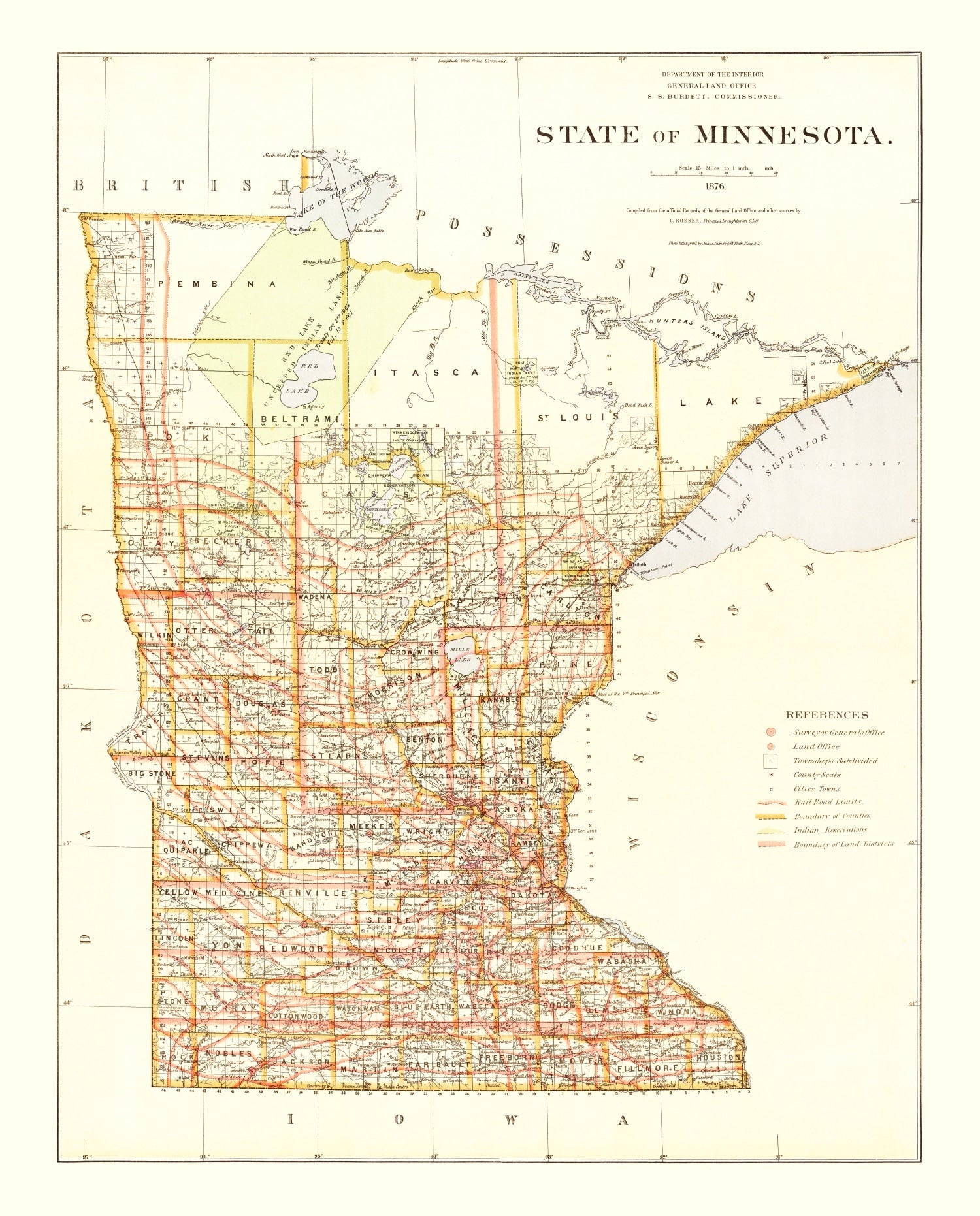 Vintage Map of Minnesota 1876