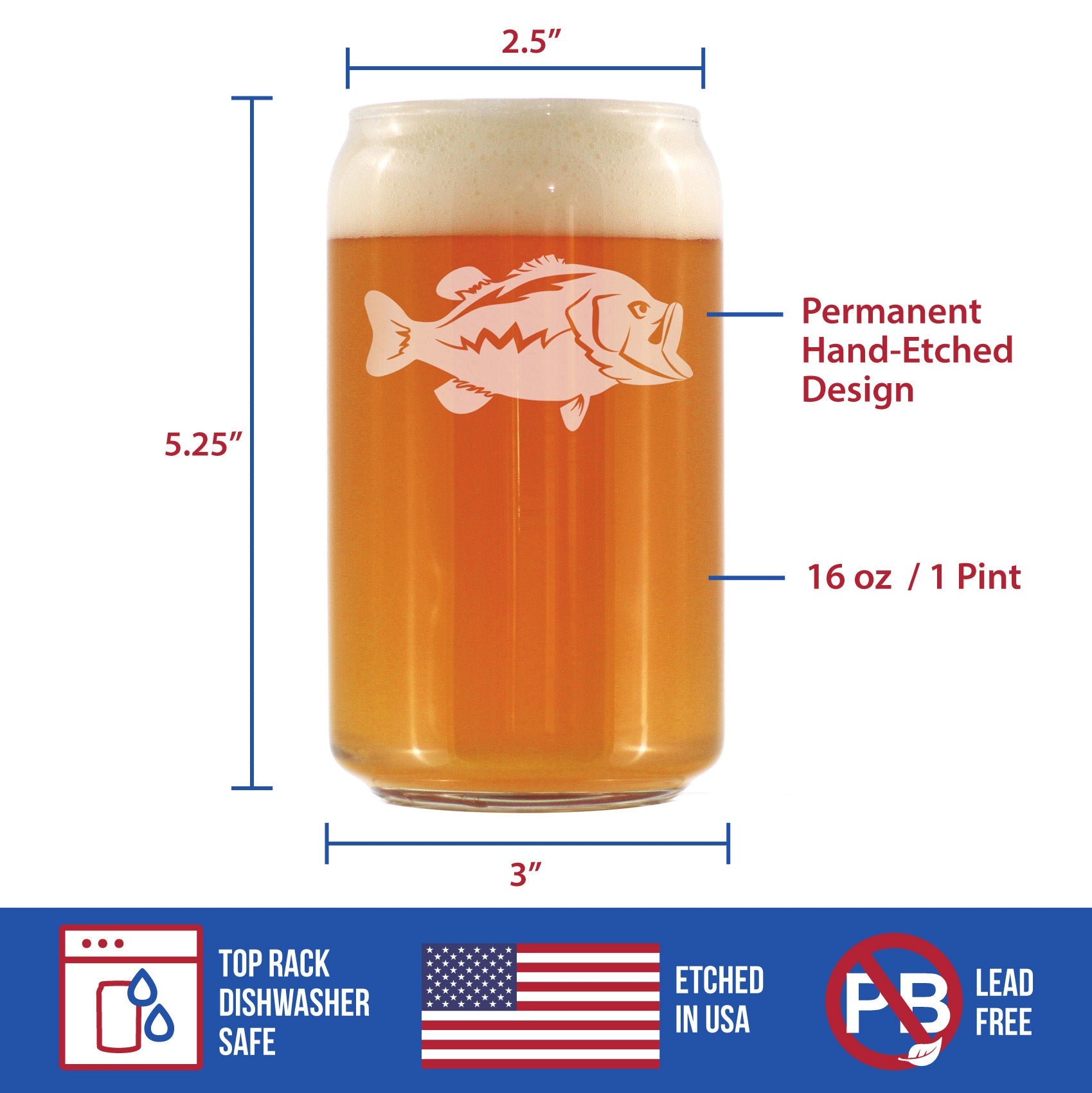 Largemouth Bass - Beer Can Pint Glass - Bass Fishing Gifts for Fisherman - Fun Fish Cups & Lake House Decor - 16 oz