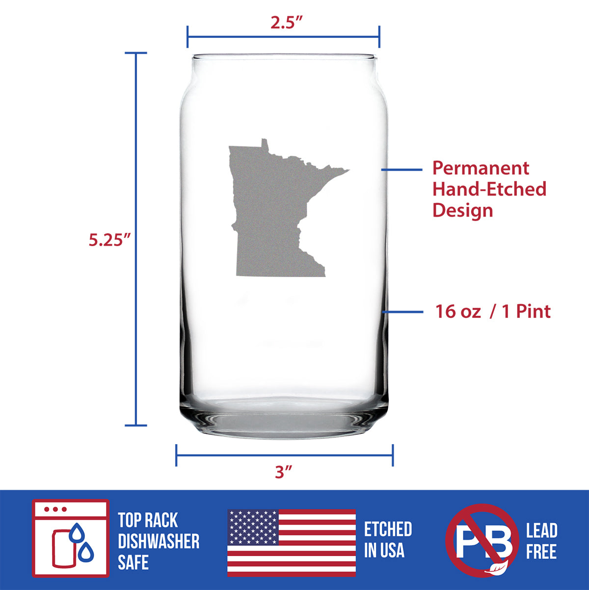 Minnesota State Outline Beer Can Pint Glass - State Themed Drinking Decor and Gifts for Minnesotan Women & Men - 16 Oz Glasses