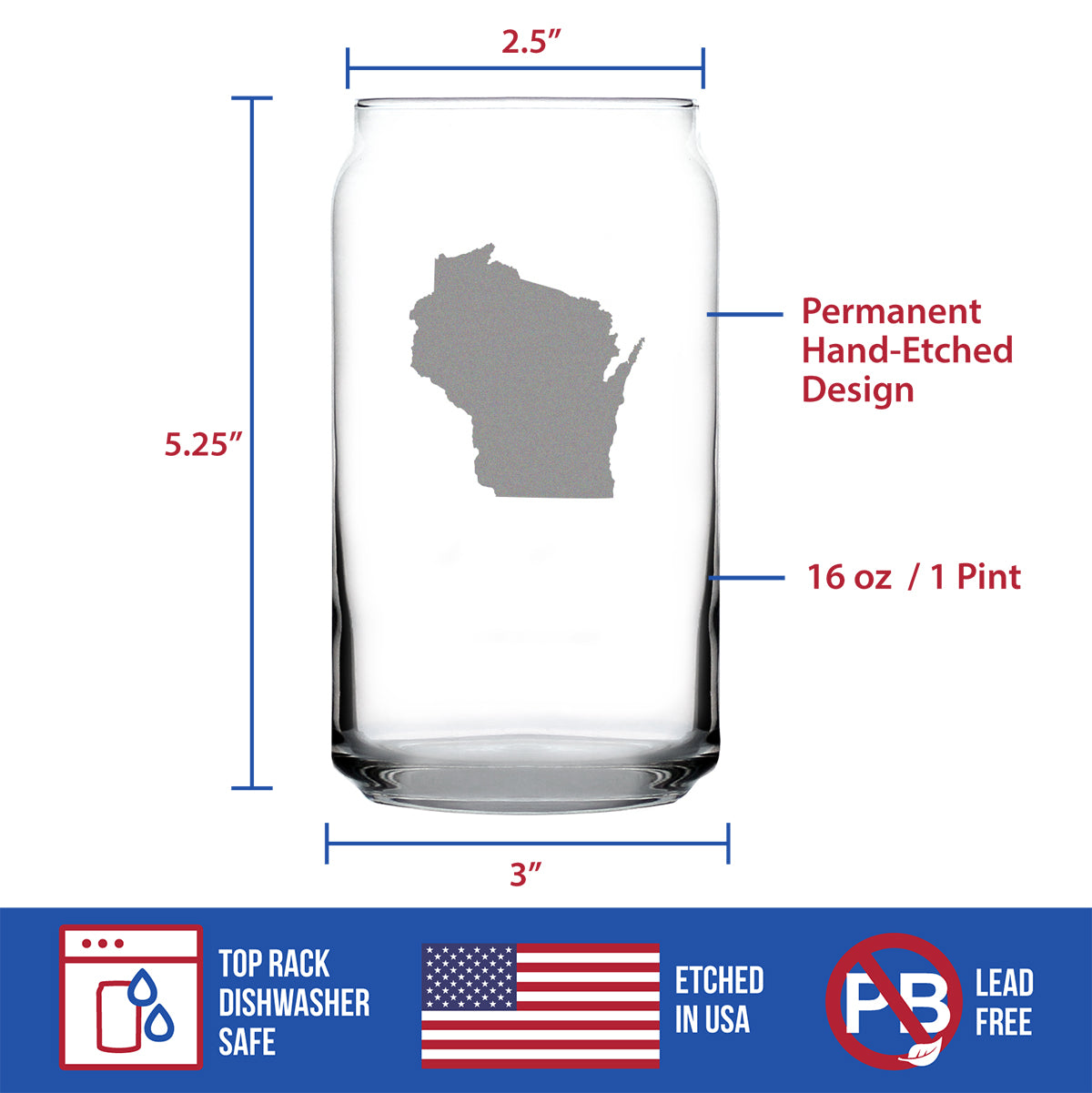Wisconsin State Outline Beer Can Pint Glass - State Themed Drinking Decor and Gifts for Wisconsinite Women & Men - 16 Oz Glasses