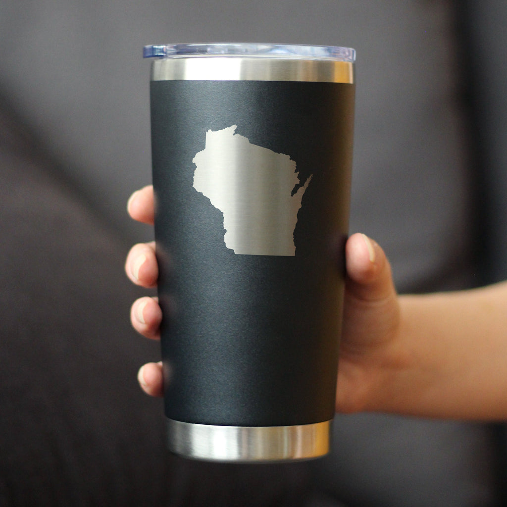 Wisconsin State Outline - Insulated Coffee Tumbler Cup with Sliding Lid - Stainless Steel Travel Mug - Wisconsin Gifts for Women and Men