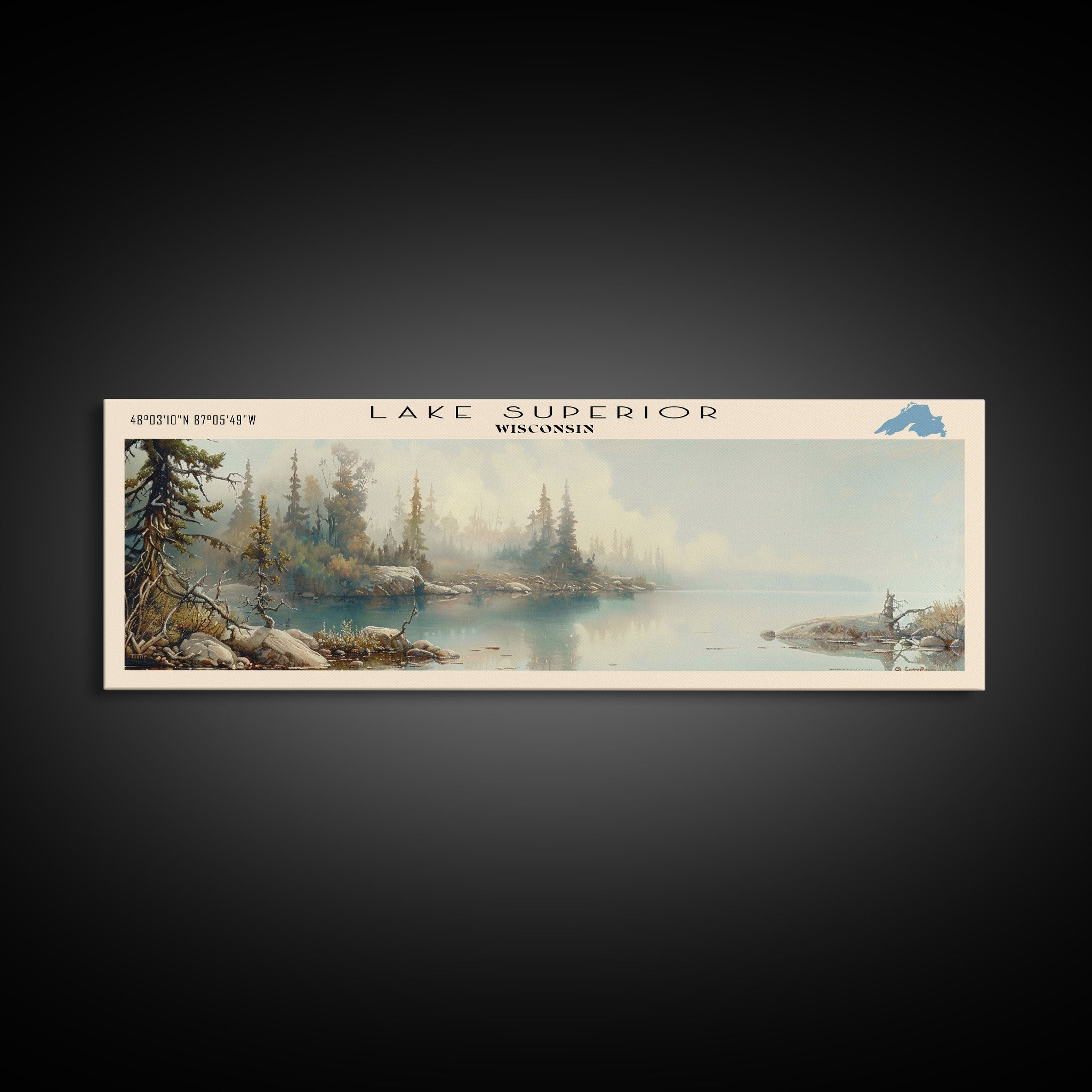 Lake Superior Framed Canvas Print, Lake House Decor, Panoramic Wall Art, Travel Poster, Beautiful Landscape Painting, Modern Art