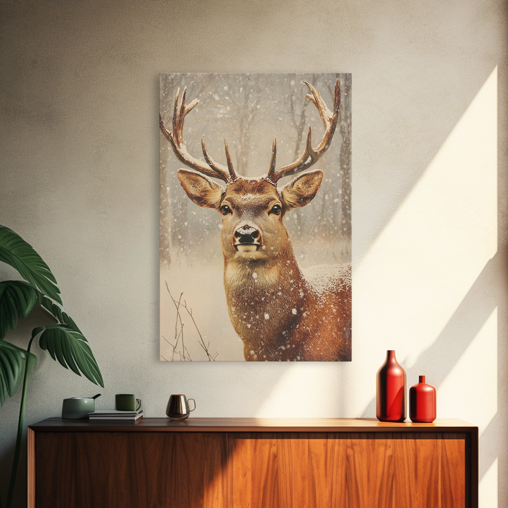 Portrait of a Deer in Winter, Framed Canvas print, Winter Decor, Winter Not Christmas Wall Art, Seasonal Decor