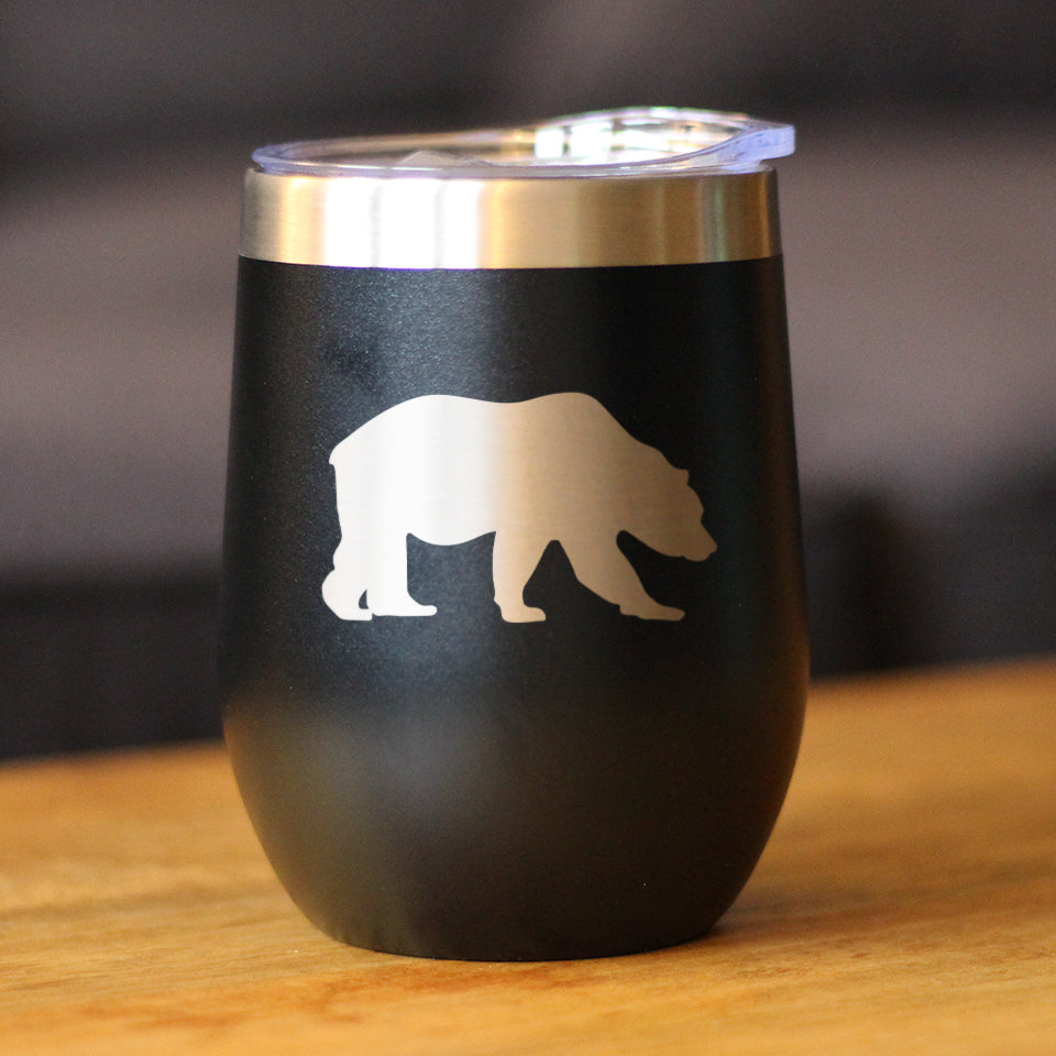 Bear Silhouette - Wine Tumbler Glass with Sliding Lid - Stainless Steel Insulated Mug - Bear Gifts for Women and Men