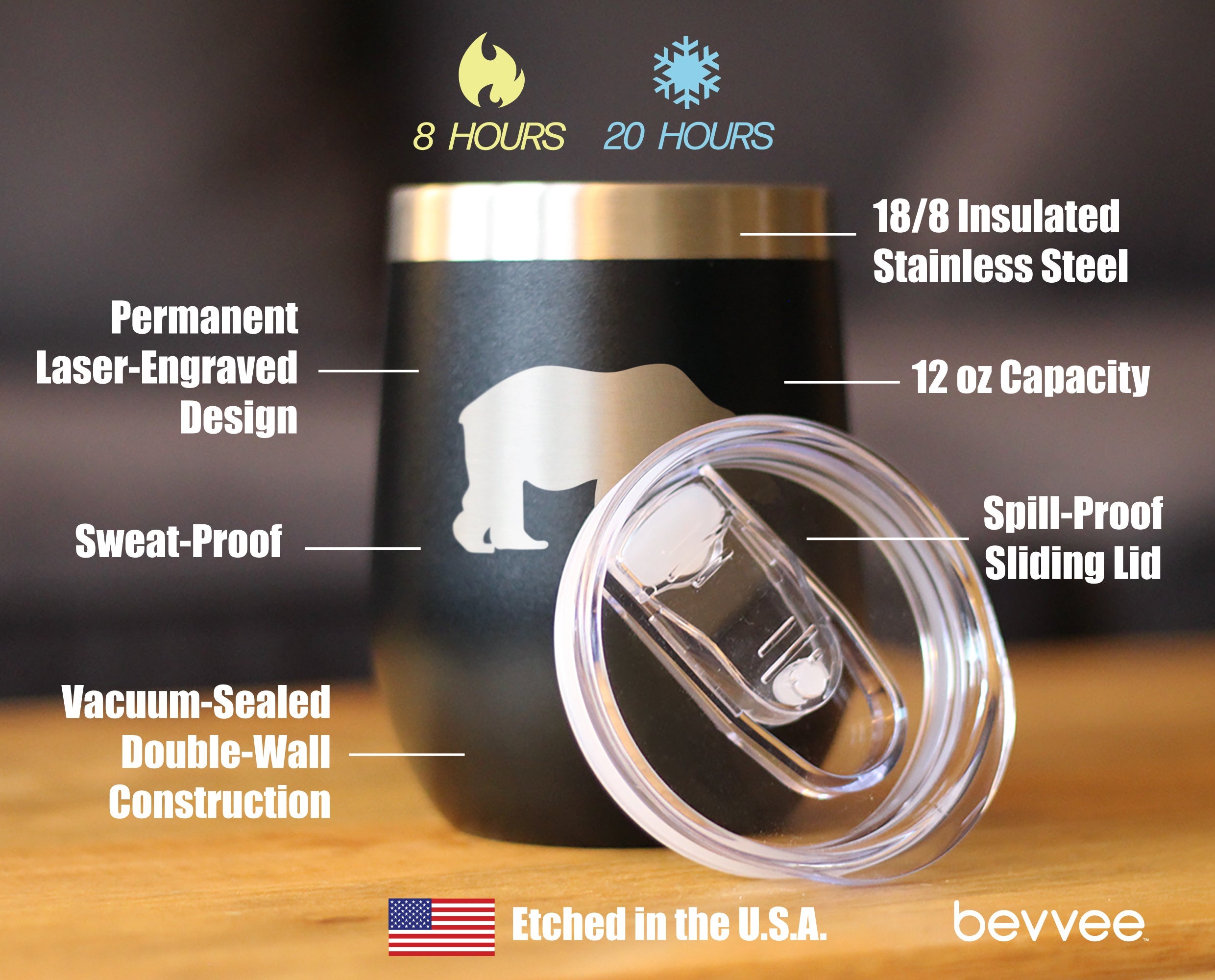 Bear Silhouette - Wine Tumbler Glass with Sliding Lid - Stainless Steel Insulated Mug - Bear Gifts for Women and Men