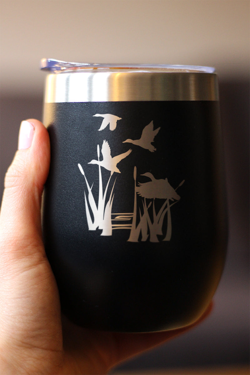 Duck Pond - Wine Tumbler Glass with Sliding Lid - Stainless Steel Insulated Mug - Unique Duck Gifts for Women and Men