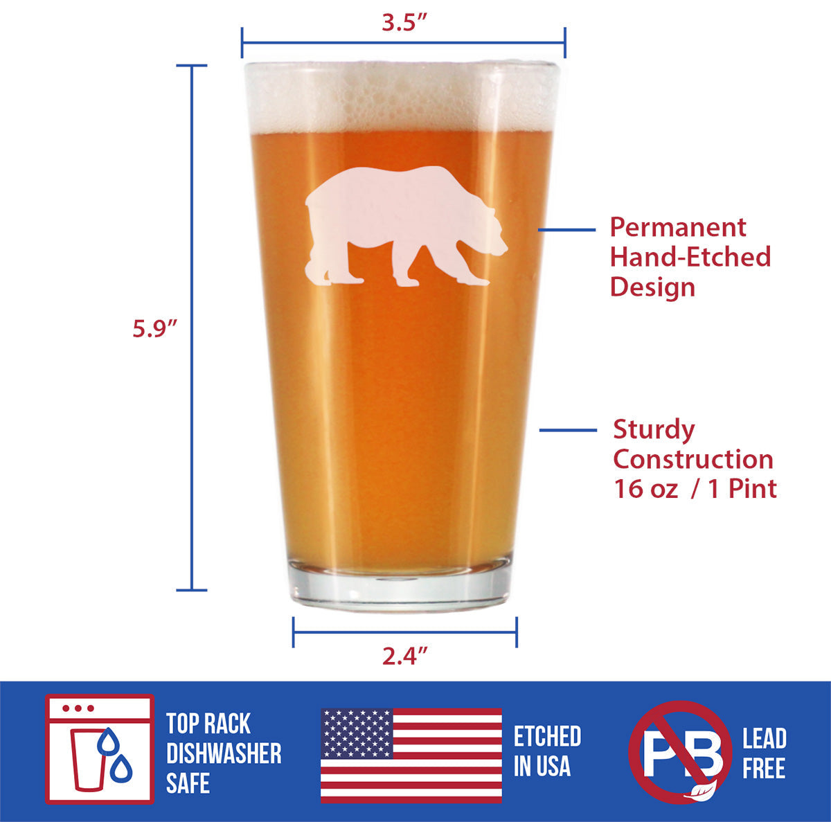 Bear Pint Glass for Beer - Cabin Themed Gifts or Rustic Decor for Men and Women - Fun Drinking or Party Glasses - 16 oz