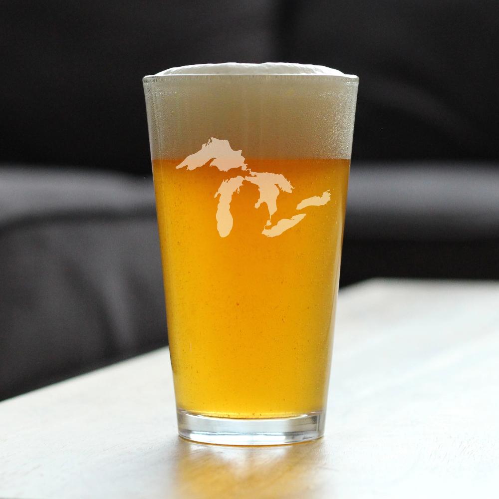 Great Lakes Map Pint Glass Gift for Beer Drinking Men & Women - 16 oz Glassware - Unique Engraved Barware Gifts