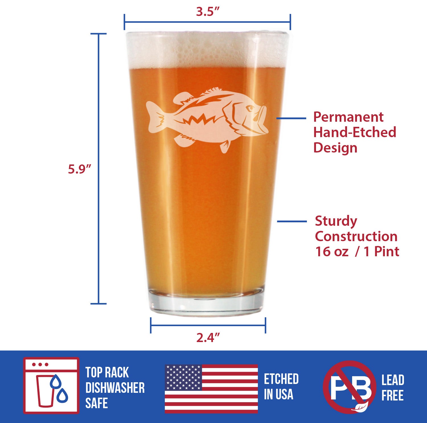 Largemouth Bass - Pint Glass for Beer - Bass Fishing Gifts for Fisherman - Fun Fish Cups & Lake House Decor - 16 oz