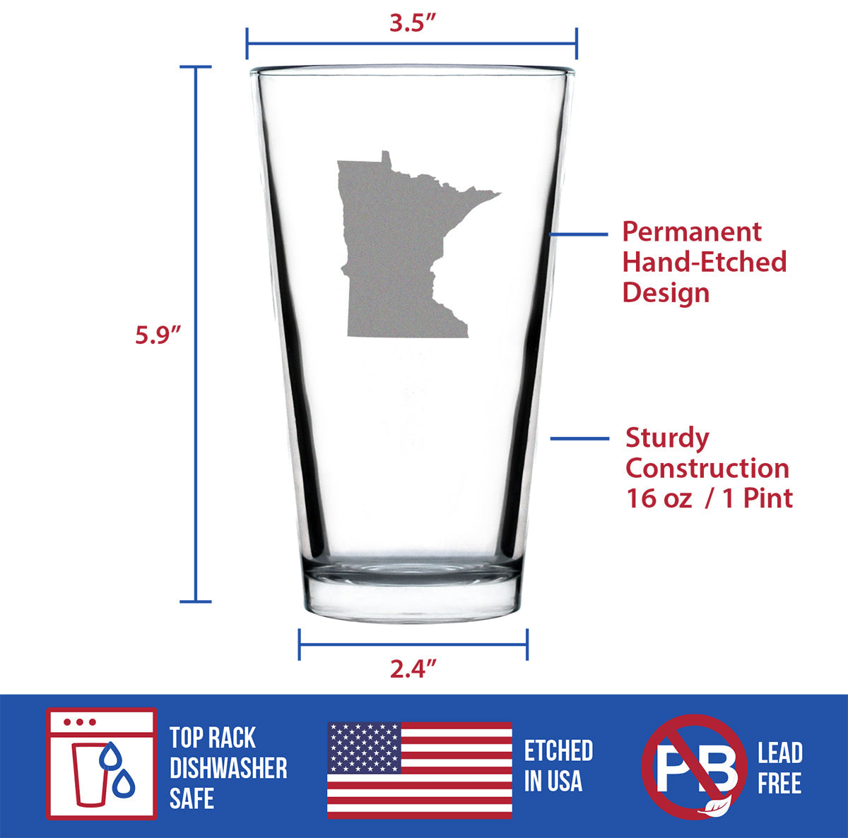 Minnesota State Outline Pint Glass for Beer - State Themed Drinking Decor and Gifts for Minnesotan Women & Men - 16 Oz Glasses