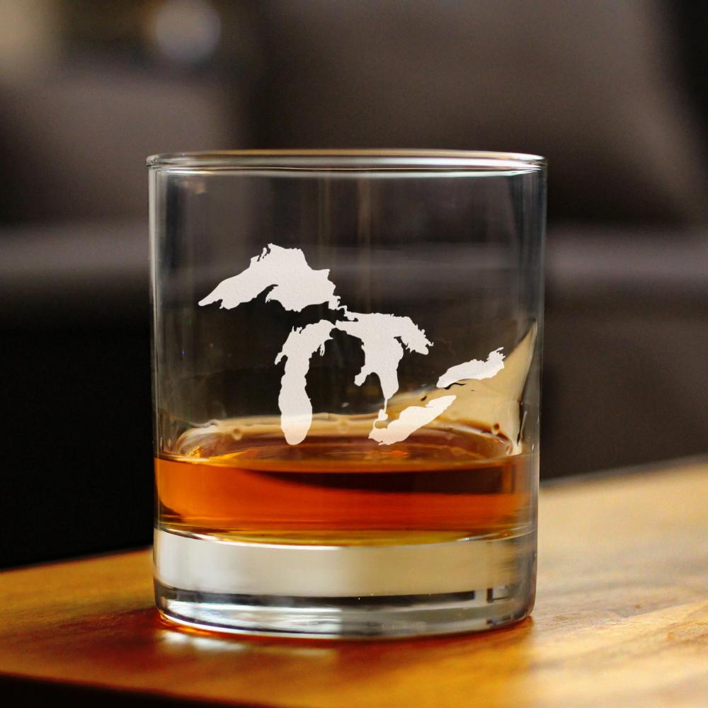 Great Lakes Map Whiskey Rocks Glass Gift for Men & Women - 10.25 oz Glassware - Unique Engraved Barware Decor