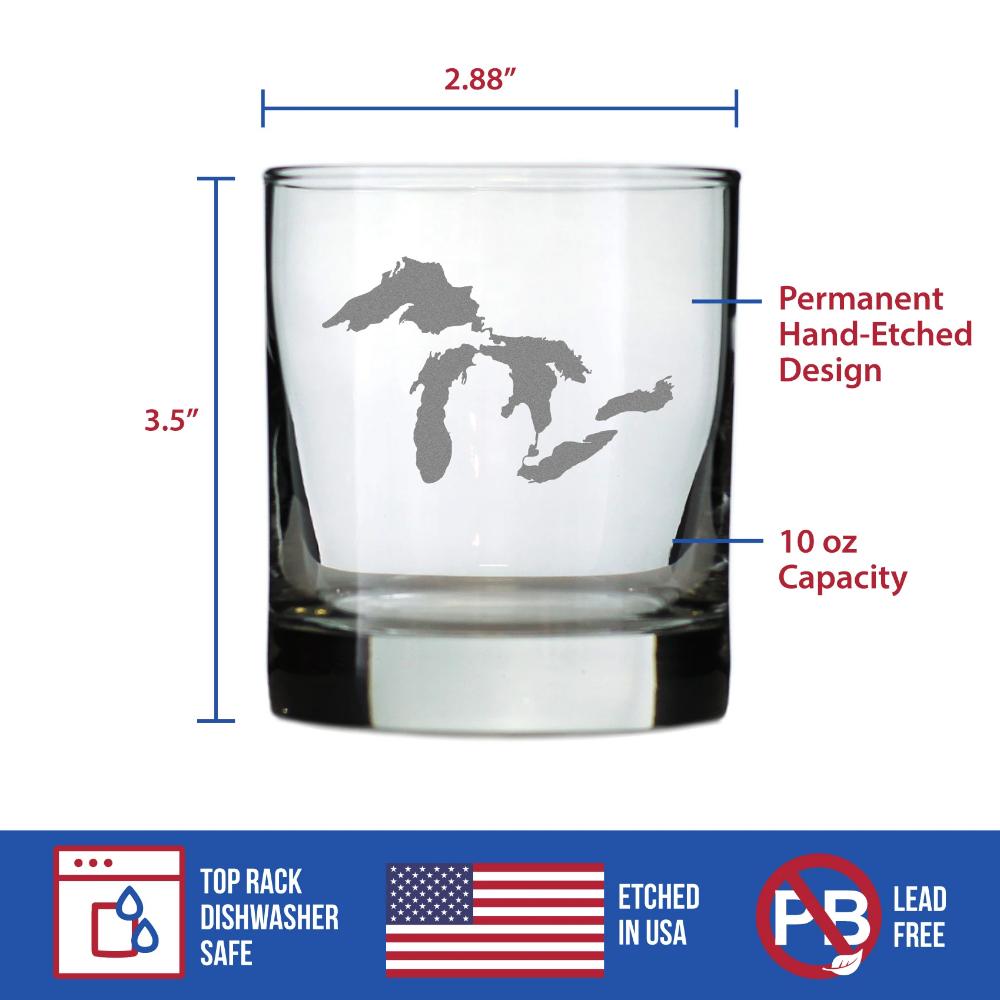 Great Lakes Map Whiskey Rocks Glass Gift for Men & Women - 10.25 oz Glassware - Unique Engraved Barware Decor