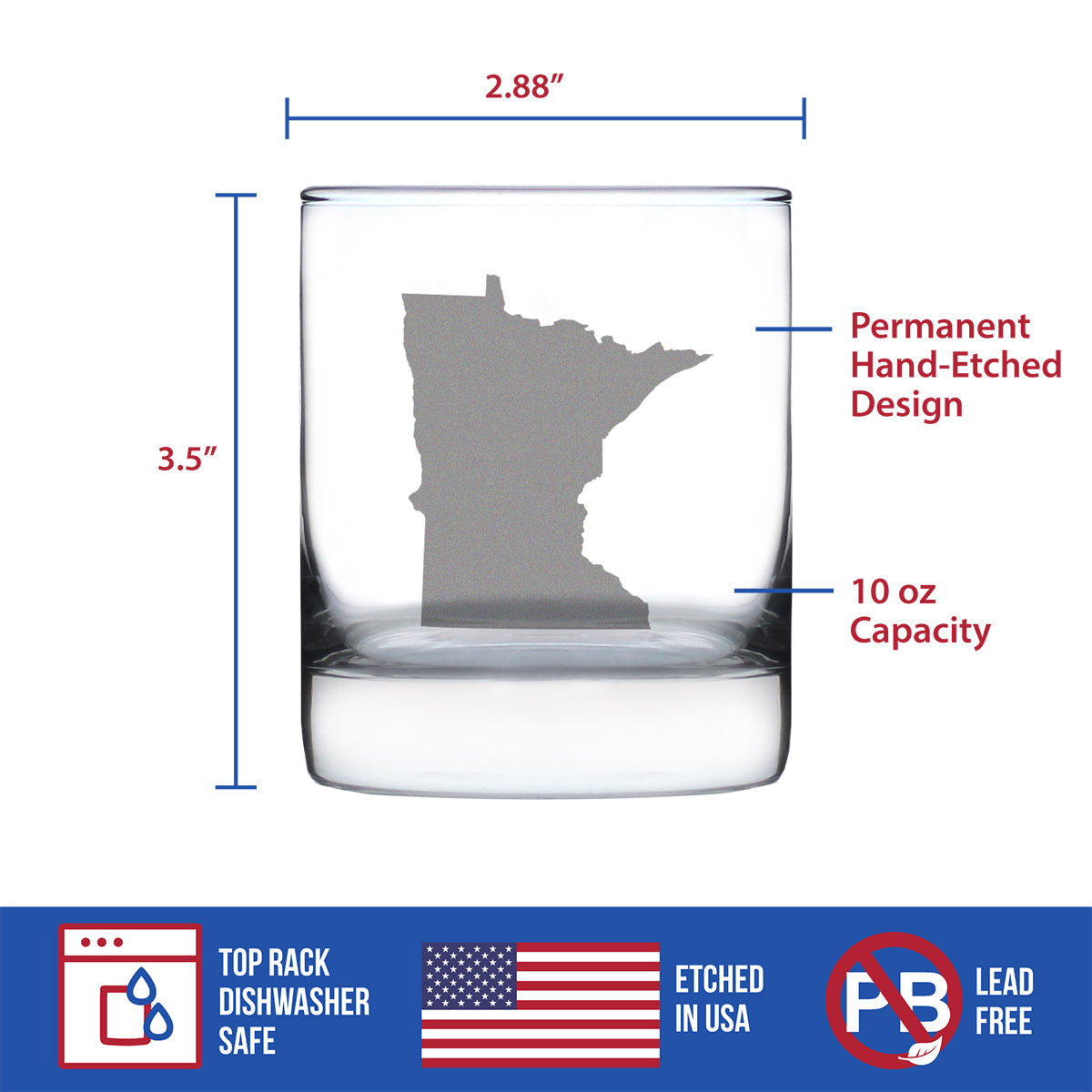Minnesota State Outline Whiskey Rocks Glass - State Themed Drinking Decor and Gifts for Minnesotan Women & Men - 10.25 Oz Whisky Tumbler Glasses
