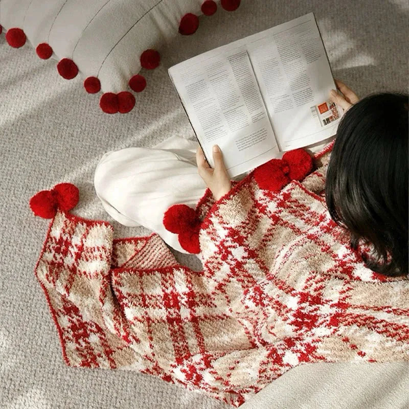 Half Flannel Plaid Blanket with Wool Balls Four Season Universal Red Soft Sofa Blanket Warm Napping Shawl for Home Travel