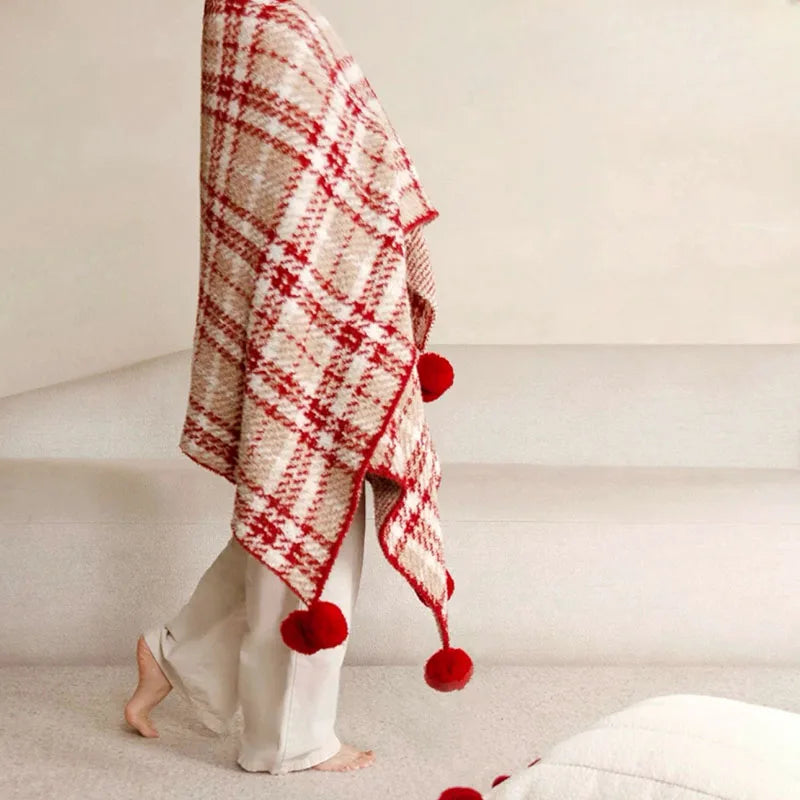 Half Flannel Plaid Blanket with Wool Balls Four Season Universal Red Soft Sofa Blanket Warm Napping Shawl for Home Travel