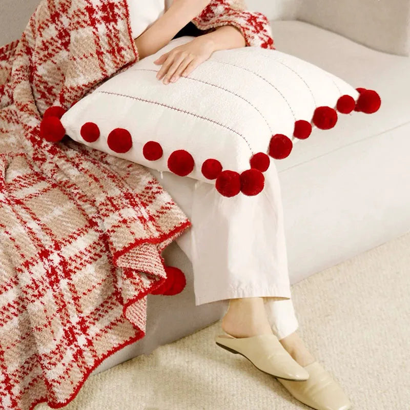 Half Flannel Plaid Blanket with Wool Balls Four Season Universal Red Soft Sofa Blanket Warm Napping Shawl for Home Travel