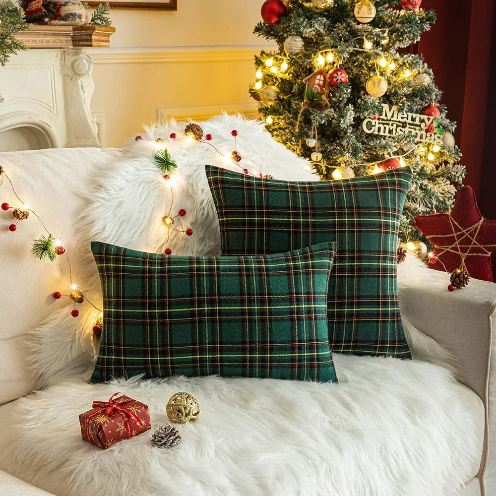 DecorBites™ Christmas Plaid Cushion Cover, Classic Green Red Throw Pillow for Home Decor