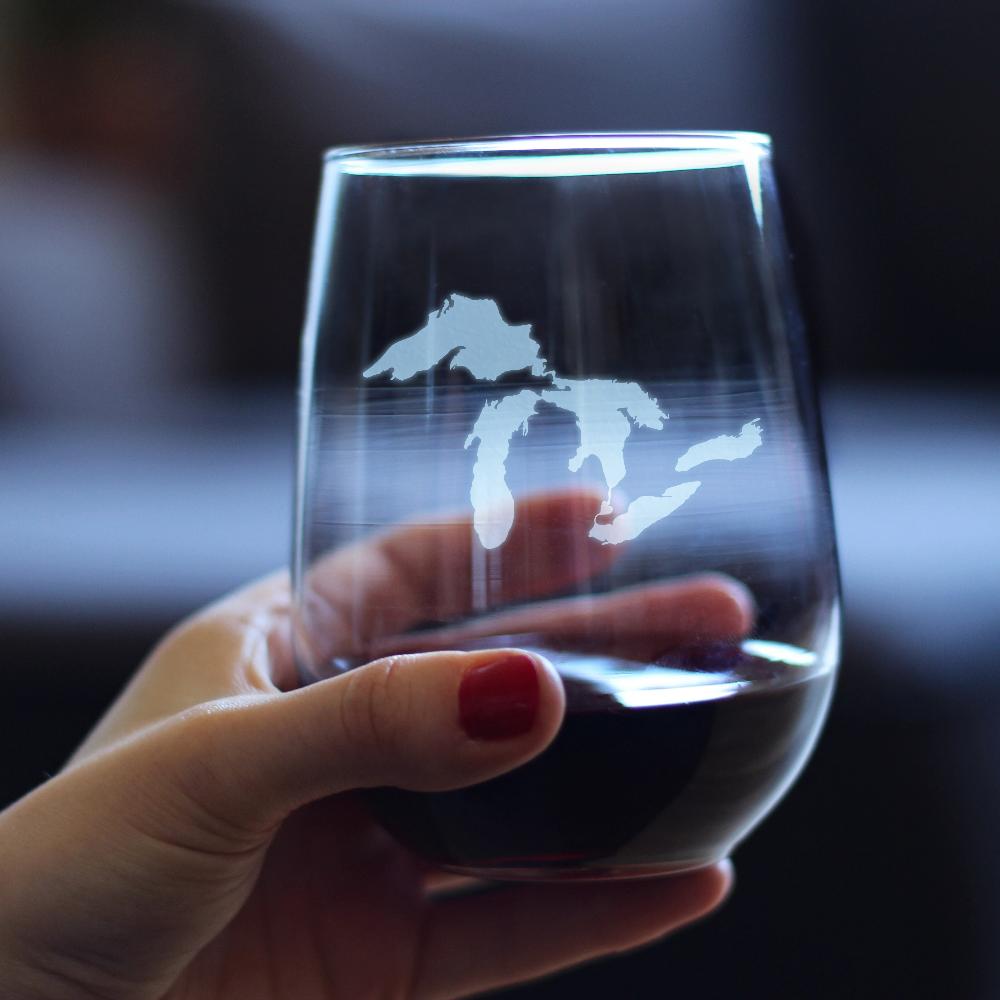 Great Lakes Map Stemless Wine Glass - Large Glasses - Unique Engraved Glassware Art Gifts for Midwestern Women & Men