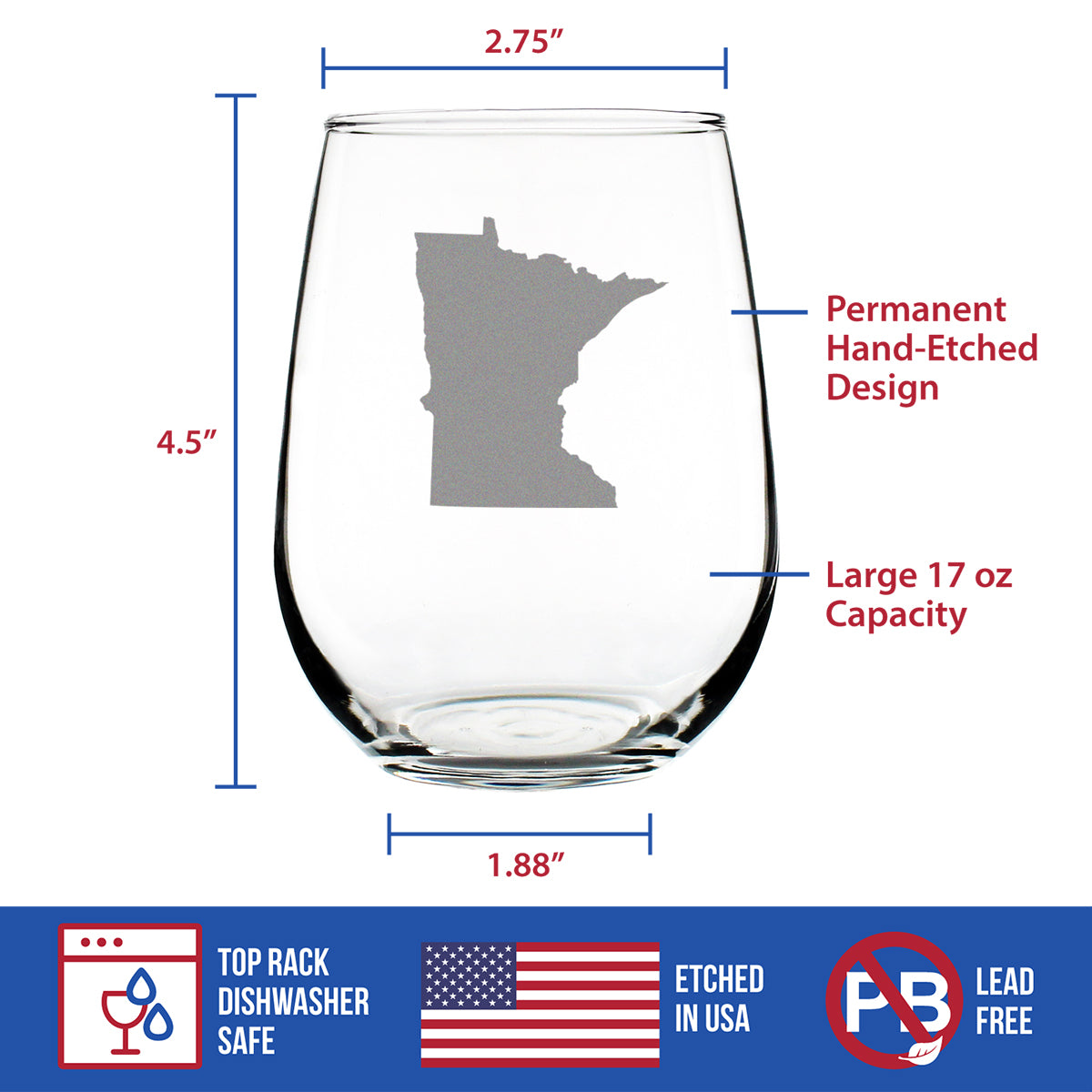 Minnesota State Outline Stemless Wine Glass - State Themed Drinking Decor and Gifts for Minnesotan Women & Men - Large 17 Oz Glasses