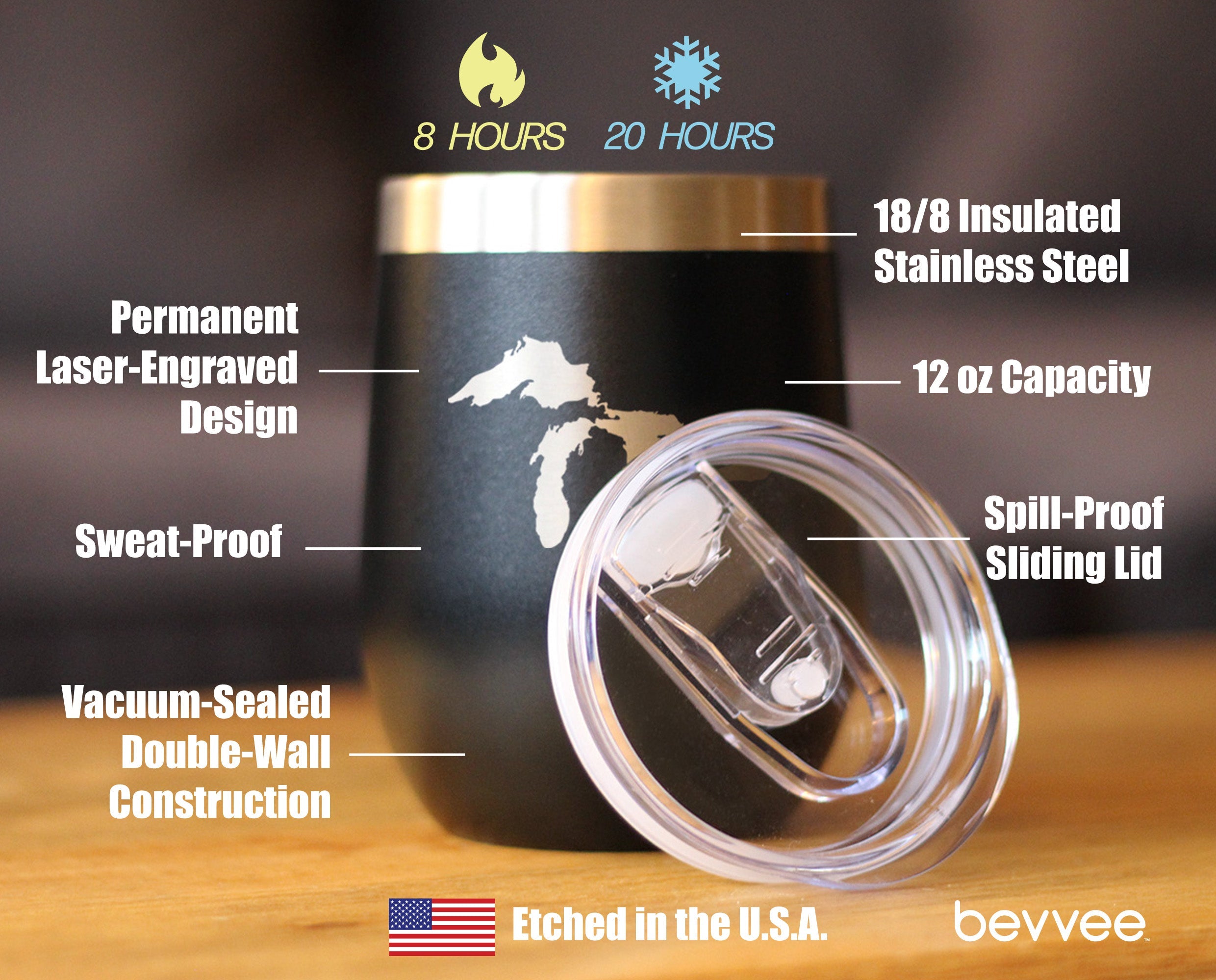 Great Lakes Map Wine Tumbler with Sliding Lid - Stemless Stainless Steel Insulated Cup - Cute Outdoor Camping Mug