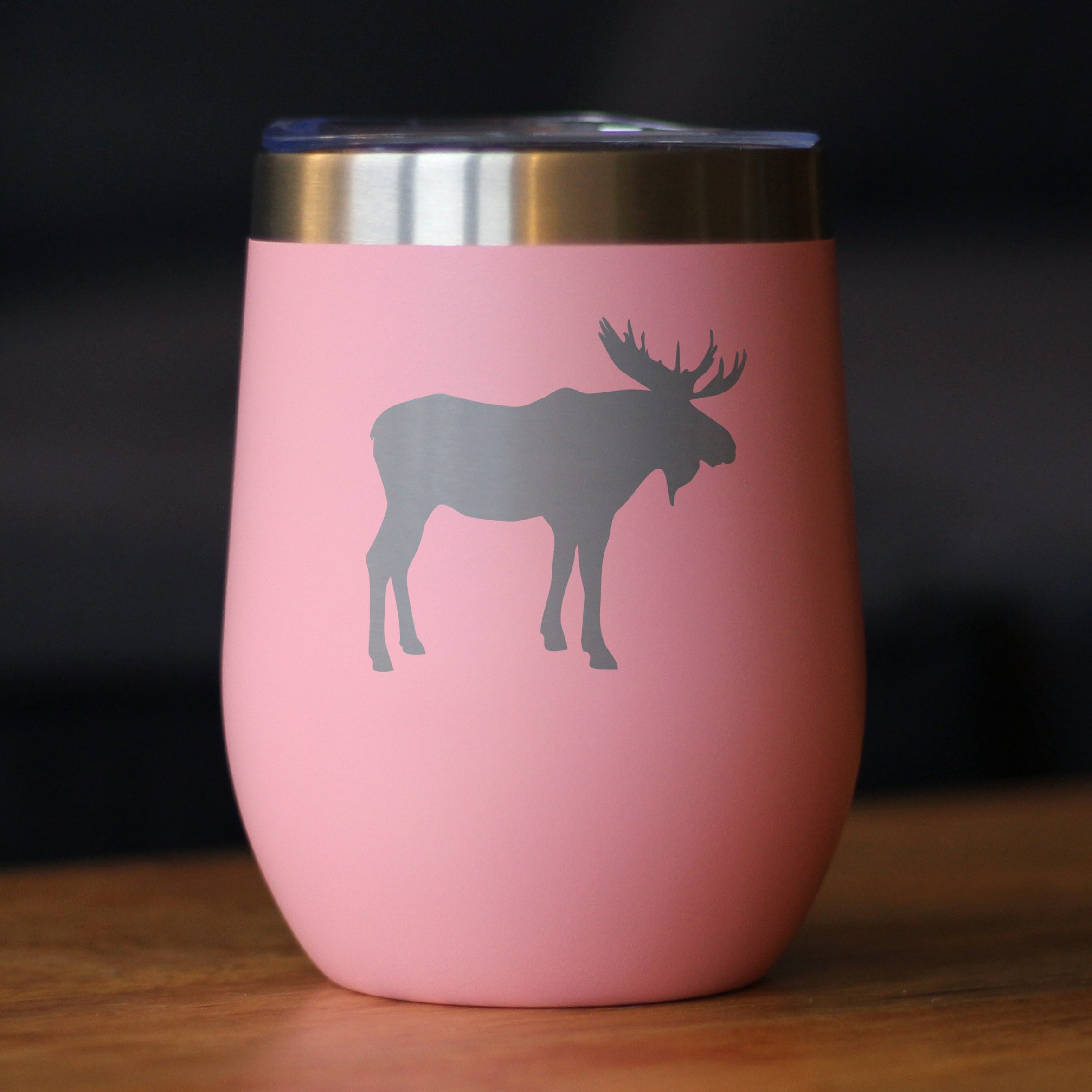 Moose Silhouette - Wine Tumbler with Sliding Lid - Stemless Stainless Steel Insulated Cup - Cute Outdoor Camping Mug