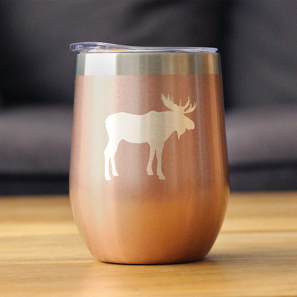Moose Silhouette - Wine Tumbler with Sliding Lid - Stemless Stainless Steel Insulated Cup - Cute Outdoor Camping Mug