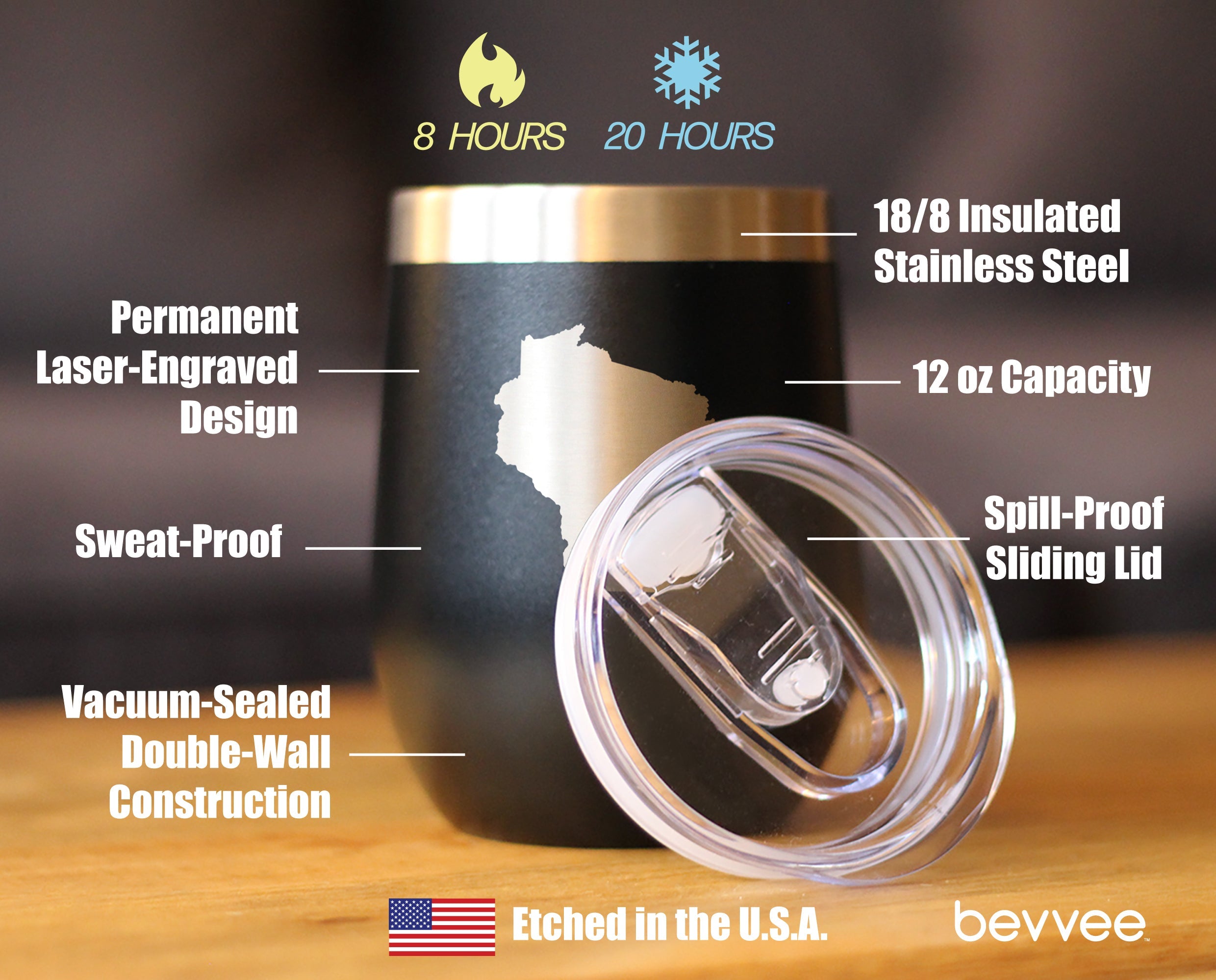 Wisconsin State Outline - Wine Tumbler Glass with Sliding Lid - Stainless Steel Insulated Mug - Wisconsin Gifts for Women and Men