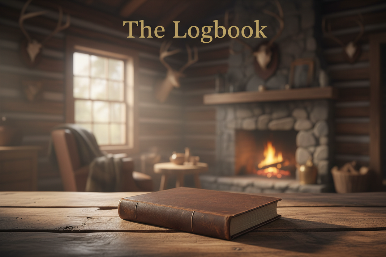 a logbook on a rustic table in a log hunting cabin with a slightly blurred background. the logbook should be a relatively plain, dark brown, hardcover book laying flat on the table. the top of the image should say "The Logbook"