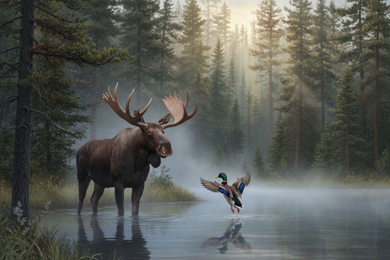 a moose and a flying mallard near a slightly foggy pond in the northern wilderness with lots of pine trees around