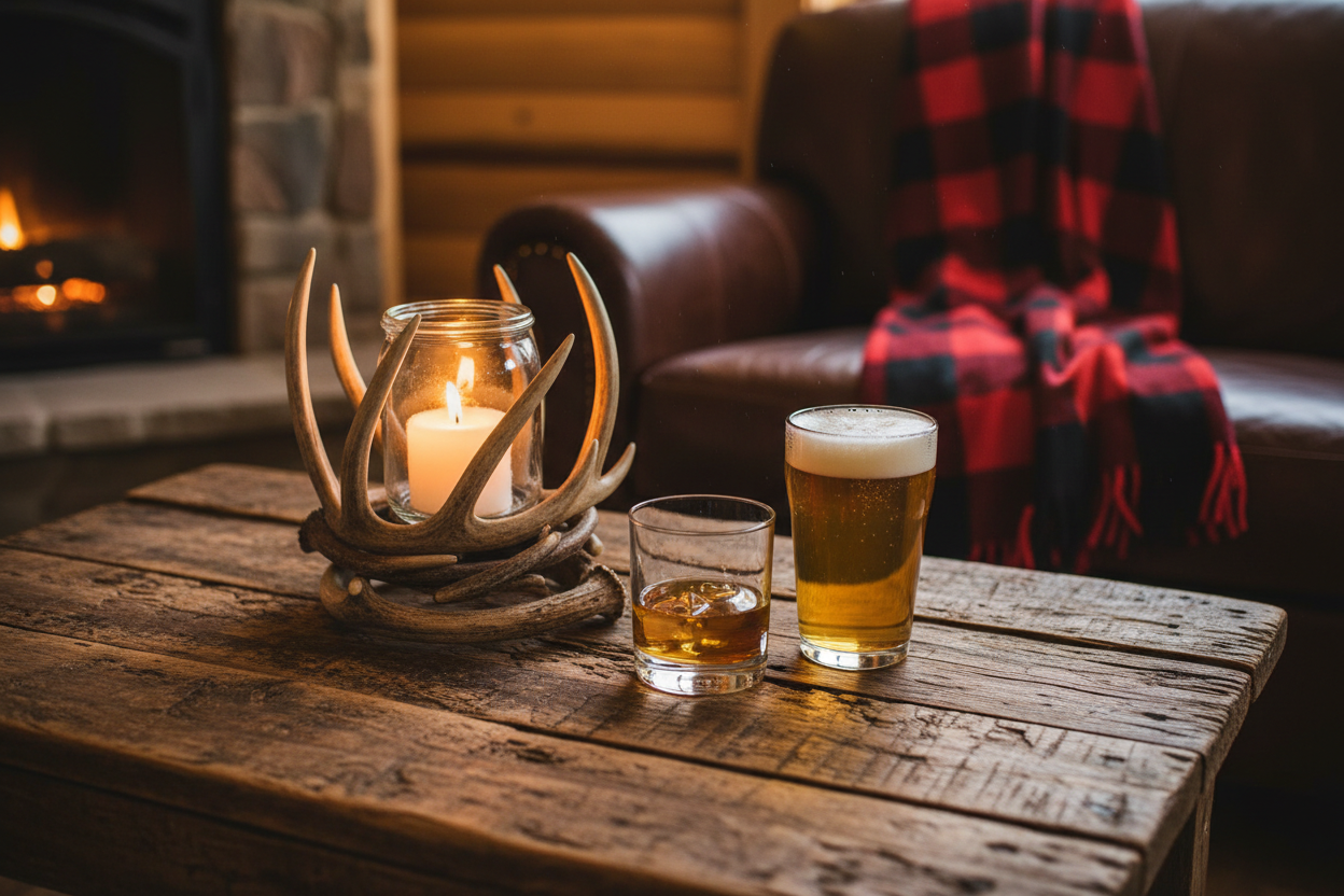 a pint glass and a whiskey glass on a rustic table in a cabin. there should also be a deer antler candle holder holding a candle in glass and a red and black plaid throw blanket on the arm of a leather chair. this should have a slightly blurred background.