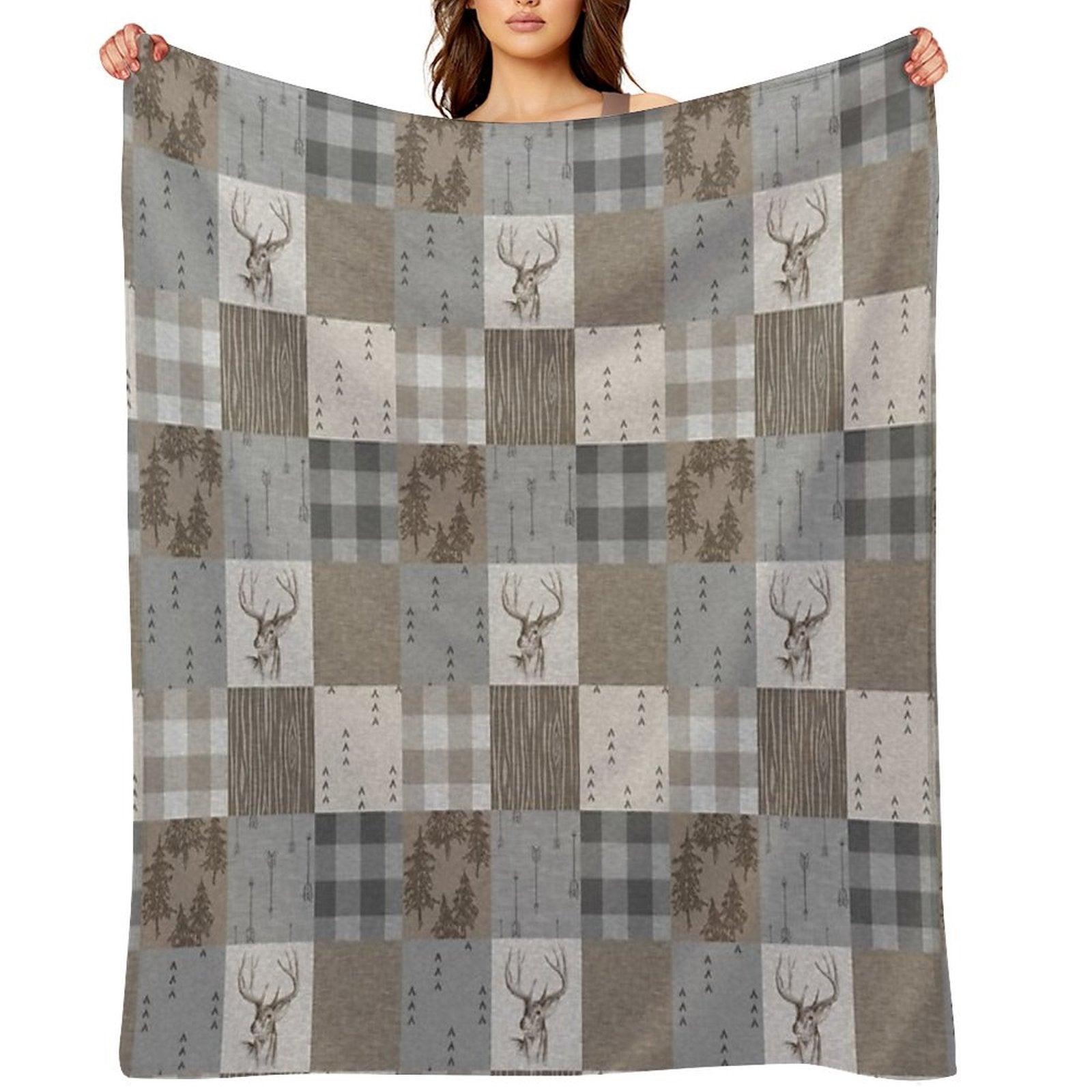 Deer Patchwork - Rustic Neutrals Throw Blanket