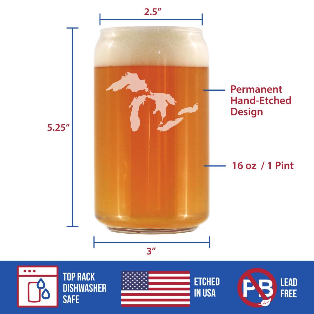 Great Lakes Map Beer Can Pint Glass Gift for Beer Drinking Men & Women - 16 oz Glassware - Unique Engraved Barware Gifts